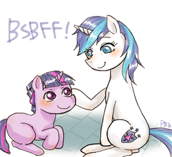 Size: 550x500 | Tagged: safe, artist:prk, shining armor, twilight sparkle, a canterlot wedding, g4, blushing, bsbff, colt, dusk shine, eye contact, gleaming shield, pixiv, prone, rule 63, sibling love, sitting, smiling