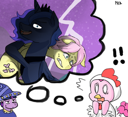 Size: 600x550 | Tagged: safe, artist:prk, fluttershy, pinkie pie, princess luna, twilight sparkle, g4, luna eclipsed, bubble berry, butterscotch, chicken suit, clothes, dusk shine, nightmare night, pixiv, prince artemis, rule 63