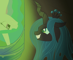 Size: 1875x1536 | Tagged: safe, artist:bratzoid, princess celestia, queen chrysalis, alicorn, changeling, changeling queen, pony, g4, cocoon, female, looking at each other, upside down
