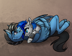 Size: 1280x1004 | Tagged: safe, artist:casynuf, oc, oc only, oc:sapphire sights, oc:silver lining, pegasus, pony, fallout equestria, couple, cuddling, ear fluff, female, fluffy, grin, hug, male, on back, pipbuck, shipping, smiling, snuggling, straight, winghug