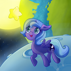 Size: 2000x2000 | Tagged: safe, artist:lyricjam, princess luna, alicorn, pony, g4, cute, female, filly, high res, little, mare, moon, night, princess, solo, space, stars, woona