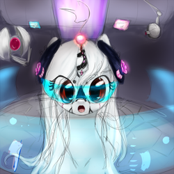 Size: 500x500 | Tagged: safe, artist:celerypony, oc, oc only, oc:celery, pony, unicorn, albino, cyberpunk, goggles, headset, holographic screen, holographic sight, solo