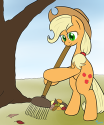 Size: 1250x1500 | Tagged: safe, artist:malwinters, applejack, earth pony, pony, g4, bipedal, female, leaves, newbie artist training grounds, rake, solo, tree