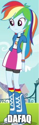 Size: 202x650 | Tagged: safe, edit, edited screencap, screencap, rainbow dash, equestria girls, g4, my little pony equestria girls, building, clothes, cropped, female, solo, text