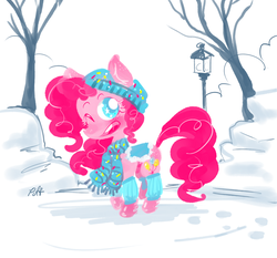 Size: 1280x1195 | Tagged: safe, artist:puffpink, pinkie pie, earth pony, pony, g4, clothes, female, hat, lamppost, leg warmers, scarf, snow, solo, starry eyes, wingding eyes, winter