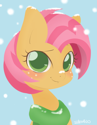 Size: 1550x2000 | Tagged: dead source, safe, artist:mrsremi, babs seed, earth pony, pony, g4, clothes, cute, female, portrait, scarf, snow, snowfall, solo, winter