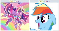 Size: 517x278 | Tagged: safe, rainbow dash, twilight sparkle, alicorn, pony, derpibooru, g4, exploitable meme, female, juxtaposition, juxtaposition win, mare, meme, meta, rainbow power, twilight sparkle (alicorn)