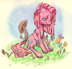 Size: 434x415 | Tagged: safe, artist:onylex, pinkie pie, butterfly, g4, female, flower, mushroom, pinkamena diane pie, solo