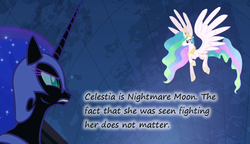 Size: 1000x575 | Tagged: safe, nightmare moon, princess celestia, g4, princess twilight sparkle (episode), insane pony thread, insane troll logic