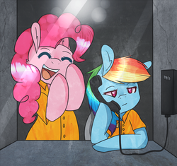 Size: 752x706 | Tagged: safe, artist:bananna108, pinkie pie, rainbow dash, g4, clothes, phone, prison, prison outfit, prisoner pp, prisoner rd