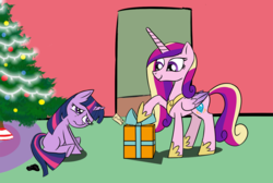 Size: 1200x805 | Tagged: safe, artist:icesticker, princess cadance, twilight sparkle, g4, coal, filly, hearth's warming, newbie artist training grounds, present, sad