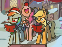 Size: 1280x960 | Tagged: safe, artist:flutterluv, applejack, pinkie pie, rainbow dash, g4, book, clothes, hat, red nose, santa hat, scarf, singing