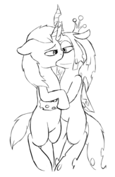 Size: 726x1113 | Tagged: safe, artist:aaron amethyst, queen chrysalis, shining armor, changeling, changeling queen, pony, unicorn, g4, blank flank, female, infidelity, kiss on the lips, kissing, male, monochrome, ship:shining chrysalis, shipping