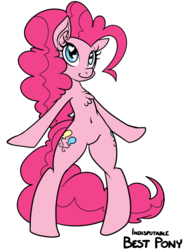 Size: 689x934 | Tagged: source needed, safe, artist:badumsquish, artist:reiduran, part of a set, pinkie pie, earth pony, pony, semi-anthro, g4, badumsquish's kitties, belly button, best pony, bipedal, chest fluff, female, footpin, heart eyes, new rush, solo, wingding eyes