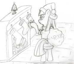 Size: 1024x879 | Tagged: safe, artist:monochromeaticjelly, maud pie, g4, female, hat, monochrome, newbie artist training grounds, rock, santa hat, solo, traditional art