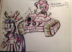 Size: 809x593 | Tagged: safe, artist:silverlunarscape, pinkie pie, twilight sparkle, alicorn, pony, g4, confetti, female, mare, newbie artist training grounds, tank (vehicle), traditional art, twilight sparkle (alicorn)