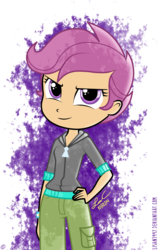 Size: 950x1500 | Tagged: safe, artist:lisan1997, scootaloo, equestria girls, g4, female, hand on hip, smiling, solo, watermark