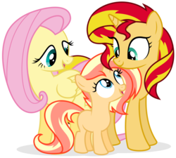 Size: 681x614 | Tagged: safe, artist:shizow, fluttershy, sunset shimmer, oc, oc:sunglow, pegasus, pony, unicorn, g4, female, filly, foal, lesbian, magical lesbian spawn, mare, offspring, parent:fluttershy, parent:sunset shimmer, parents:sunshyne, ship:sunshyne, shipping, simple background, transparent background