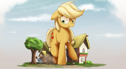 Size: 4680x2590 | Tagged: safe, artist:ncmares, applejack, rainbow dash, pony, g4, big-apple-pony, cart, floppy ears, giant pony, macro, scrunchy face, tree