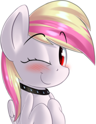 Size: 1176x1519 | Tagged: safe, artist:january3rd, oc, oc only, oc:rainy skies, pegasus, pony, big ears, blushing, collar, cute, raised hoof, simple background, solo, transparent background, wink