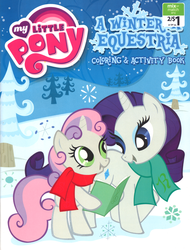 Size: 975x1280 | Tagged: safe, rarity, sweetie belle, pony, unicorn, g4, activity book, bipedal, book cover, caroling, clothes, cover, duo, duo female, female, filly, foal, mare, merchandise, my little pony logo, outdoors, scarf, sisters, snow, snowfall, snowflake, stock vector, tree, winter