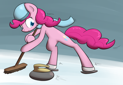 Size: 1537x1066 | Tagged: dead source, safe, artist:whatsapokemon, pinkie pie, g4, clothes, curling, female, ice skates, scarf, solo, winter