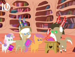 Size: 1024x768 | Tagged: safe, artist:bronybyexception, scootaloo, sweetie belle, oc, oc:jingles, deer, pegasus, pony, reindeer, unicorn, g4, advent calendar, autograph, book, bookshelf, christmas, crush, golden oaks library, pointy ponies, rudolph, rudolph the red nosed reindeer