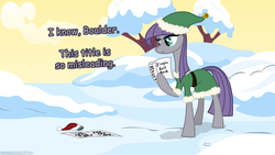 Size: 1600x900 | Tagged: safe, artist:grievousfan, boulder (g4), maud pie, g4, clothes, costume, hat, jingle bell rock, santa hat, singing, snow, song