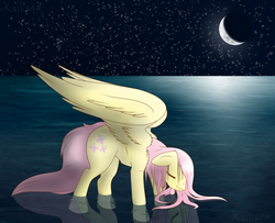 Size: 1600x1300 | Tagged: safe, artist:crosspone, fluttershy, g4, chest fluff, eyes closed, female, floppy ears, fluffy, moon, night, solo, spread wings, stars, water