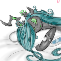 Size: 1280x1280 | Tagged: safe, artist:briarspark, queen chrysalis, changeling, changeling queen, g4, bed, bed mane, crown, female, jewelry, lying down, pillow, pixiv, regalia, solo