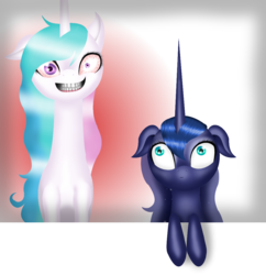 Size: 1026x1058 | Tagged: safe, artist:freyiejj, princess celestia, princess luna, pony, g4, bloodshot eyes, duo, insanity, snaplestia