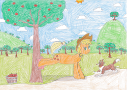 Size: 2338x1653 | Tagged: safe, artist:epicalaxy master, applejack, winona, g4, apple tree, applebucking, barrel, colored, drawing, traditional art, tree