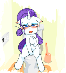 Size: 744x824 | Tagged: safe, artist:monon0, rarity, pony, unicorn, g4, blushing, but why, covering crotch, crying, female, looking at you, mare, pixiv, running makeup, solo, toilet