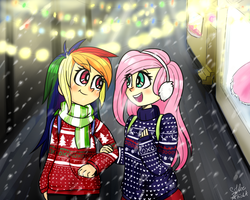 Size: 1000x800 | Tagged: safe, artist:silbersternenlicht, fluttershy, rainbow dash, equestria girls, g4, clothes, female, lesbian, scarf, ship:flutterdash, shipping, snow, snowfall, sweater, sweatershy, winter