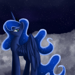 Size: 1134x1134 | Tagged: safe, artist:misskotka, princess luna, g4, cloud, cloudy, female, solo, spread wings, stars