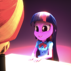 Size: 1000x1000 | Tagged: safe, artist:creatorofpony, artist:derpie pie, artist:frankier77, sunset shimmer, twilight sparkle, equestria girls, g4, 3d, 3d model, awkward, blender, female, lesbian, poker face, ship:sunsetsparkle, shipping