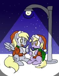 Size: 1556x2000 | Tagged: safe, artist:blayaden, derpy hooves, dinky hooves, pegasus, pony, g4, caroling, clothes, equestria's best mother, female, hat, lamppost, mare, santa hat, scarf, singing, sitting, sweater