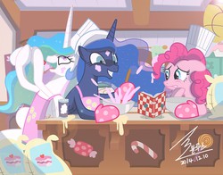 Size: 1300x1018 | Tagged: safe, artist:bluse, pinkie pie, princess celestia, princess luna, alicorn, earth pony, pony, g4, book, clothes, cooking, evil, female, frosting, gloves, insanity, mare, messy, open mouth, show accurate, smiling, sugarcube corner, this will end in tears and/or breakfast, tongue out, worried