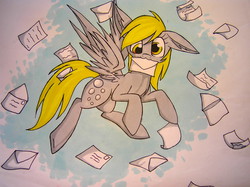 Size: 2288x1712 | Tagged: safe, artist:aki-ahiru, derpy hooves, pegasus, pony, g4, :3, female, floppy ears, flying, letter, mare, mouth hold, solo, traditional art