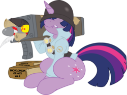 Size: 1158x873 | Tagged: safe, artist:fluttershy750, artist:joey darkmeat, twilight sparkle, pony, g4, book, crossover, female, helmet, rocket launcher, simple background, soldier, soldier (tf2), solo, team fortress 2, transparent background