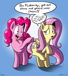 Size: 981x1100 | Tagged: safe, artist:tobibrocki, fluttershy, pinkie pie, g4, black outlines, dialogue, duo, english, full body, gradient background, looking at each other, looking at someone, raised hoof, side by side, speech bubble, standing