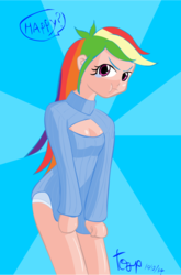 Size: 589x892 | Tagged: safe, artist:tozinkai, rainbow dash, human, g4, :t, boob window, bottomless, cleavage, clothes, crying, female, happy, humanized, keyhole turtleneck, open-chest sweater, panties, shirt pull, sweater, turtleneck, underwear