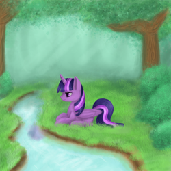 Size: 1134x1134 | Tagged: safe, artist:misskotka, twilight sparkle, alicorn, pony, g4, female, forest, grass, mare, prone, solo, twilight sparkle (alicorn), water