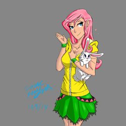 Size: 1024x1024 | Tagged: safe, artist:issac95, angel bunny, fluttershy, human, g4, clothes, female, humanized, skirt, solo