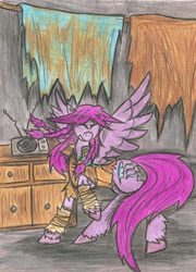 Size: 1562x2171 | Tagged: safe, artist:zubias, oc, oc only, oc:evening breeze, pegasus, pony, fallout equestria, fallout equestria: trailblazers, dancing, solo, traditional art