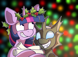 Size: 1280x944 | Tagged: safe, artist:pixel-prism, twilight sparkle, oc, oc:starlit dreams, changeling, twilight sparkle's secret shipfic folder, g4, changeling oc, christmas changeling, grin, holly, scroll, smiling