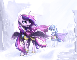 Size: 1500x1166 | Tagged: safe, artist:hieronymuswhite, princess cadance, shining armor, alicorn, pony, unicorn, g4, armor, army, featured image, female, frown, guards, looking back, male, mare, open mouth, royal guard, ruins, snorting, snow, snowfall, spread wings, stallion