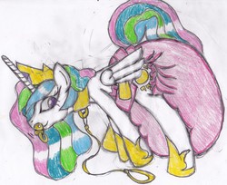 Size: 1280x1043 | Tagged: safe, artist:cuddlelamb, princess celestia, g4, adult foal, collar, diaper, female, impossibly large diaper, leash, non-baby in diaper, pacifier, poofy diaper, smiling, solo, traditional art