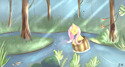 Size: 1440x780 | Tagged: safe, artist:dashy21, fluttershy, g4, barrel, eyes closed, female, river, solo