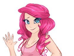 Size: 1280x960 | Tagged: safe, artist:sugarberry, pinkie pie, human, g4, bust, eyebrows, eyebrows visible through hair, female, humanized, looking at you, simple background, smiling, solo, wave, waving, white background